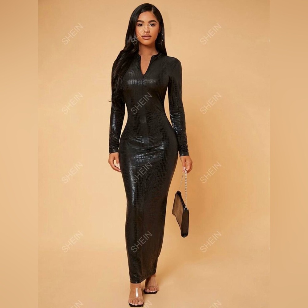 Spring Crocodile Embossed PU Leather Bodycon Long Sleeve Dress XL